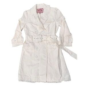 Juicy Couture‎ Womens White Belted Trench Coat Size Small Embossed Daisy Buttons